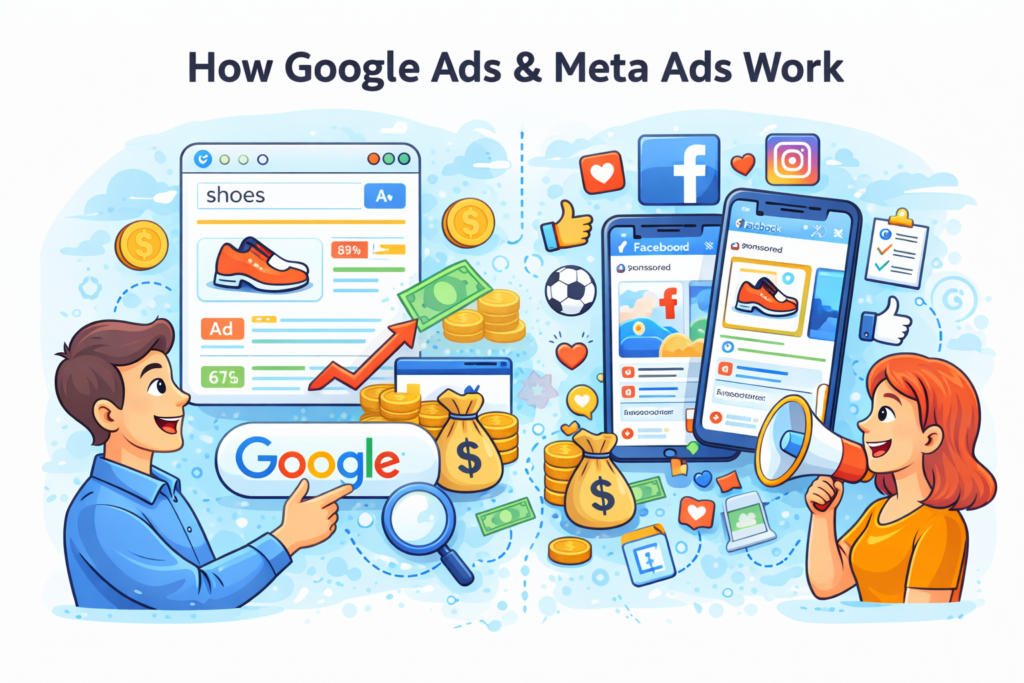 how google ads and meta ads work cartoon illustration